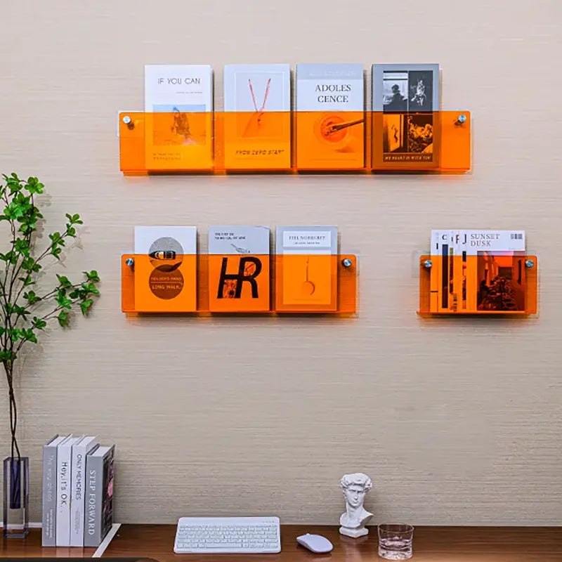 Floating acrylic wall shelf with magazine holder and literature organizer - view 4