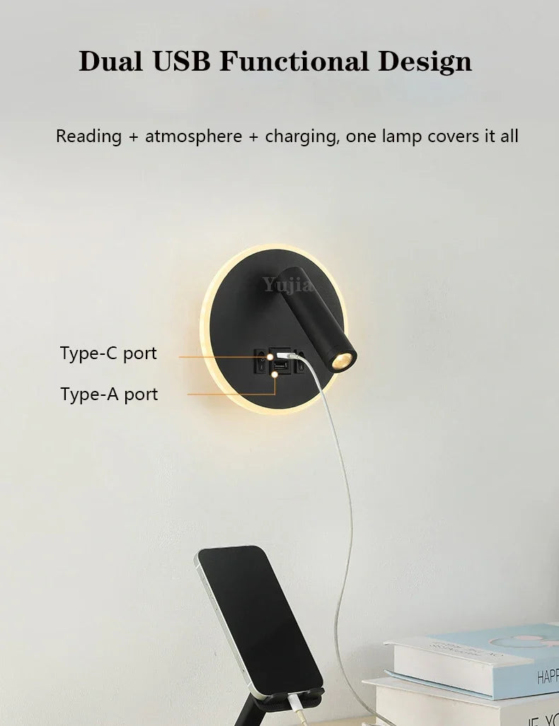Modern wall sconce with usb ports and adjustable reading lamps - view 6