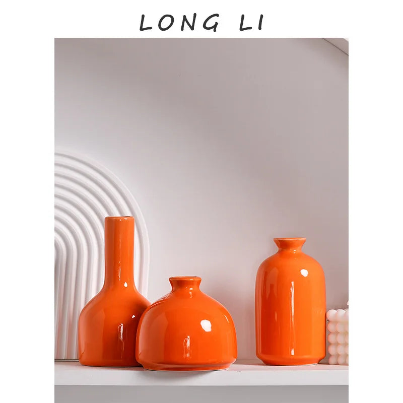Modern Ceramic Vase with Minimalist Design, Dried Flower Vase, New Chinese Style Ceramic Vase, Luxury Home decor Orange Ceramic - view 4