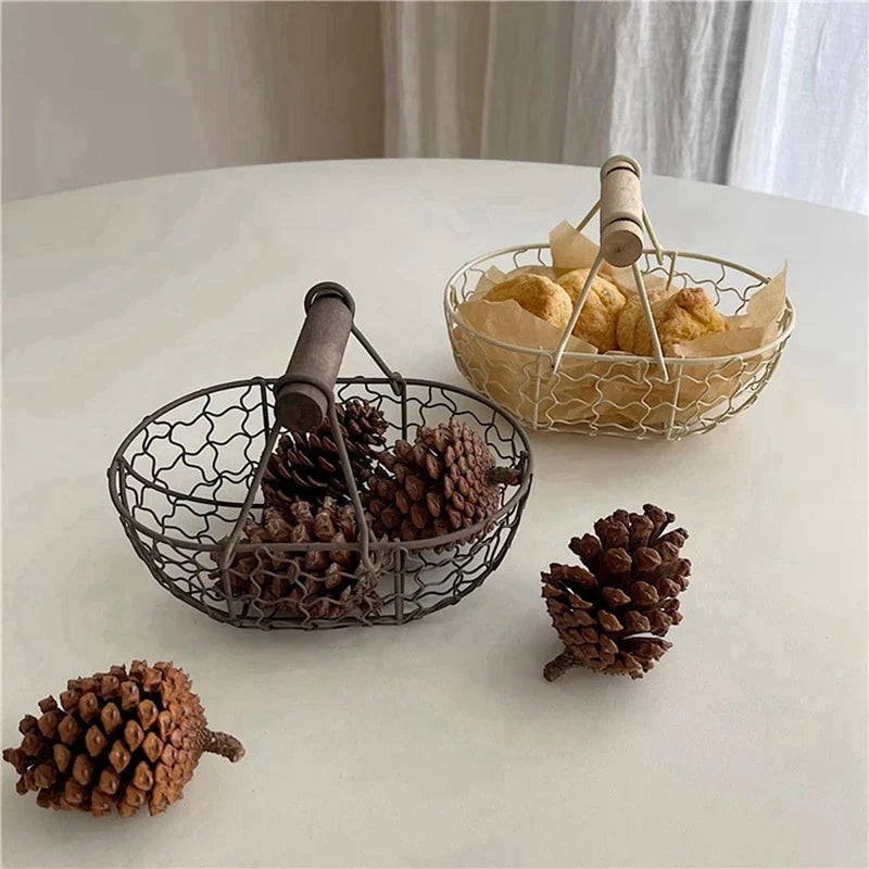 Basket made of iron for vegetable fruits and bread with wooden handle - view 3