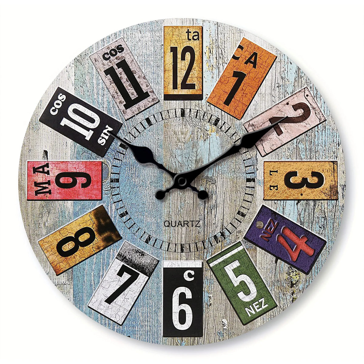 Nordic vintage wooden style wall clock, light blue wood texture with colorful Arabic digitals design wall clock, silent clock, f - MDF0073 / 12 inch