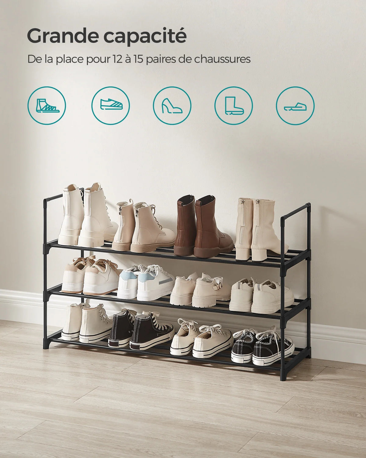 SONGMICS Shoe Rack 3 Tier, Metal Shoe Rack for 12-15 Pairs, Stackable, Hallway, Living Room, Bedroom, 30 x 92 x 55 cm - view 3