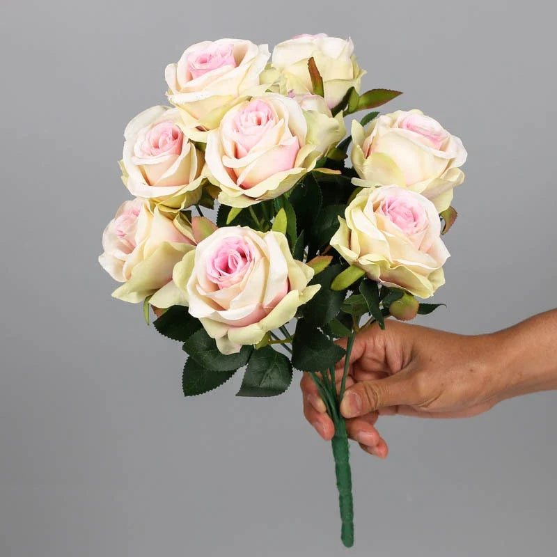 9-Head Artificial Silk Rose Bouquet, Rosé Champagne and Violet - Violet