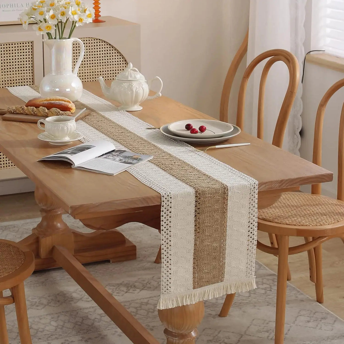 Bohemian Cotton-Linen Table Runner in Beige with Pom-Poms, Style Two - 30X50cm