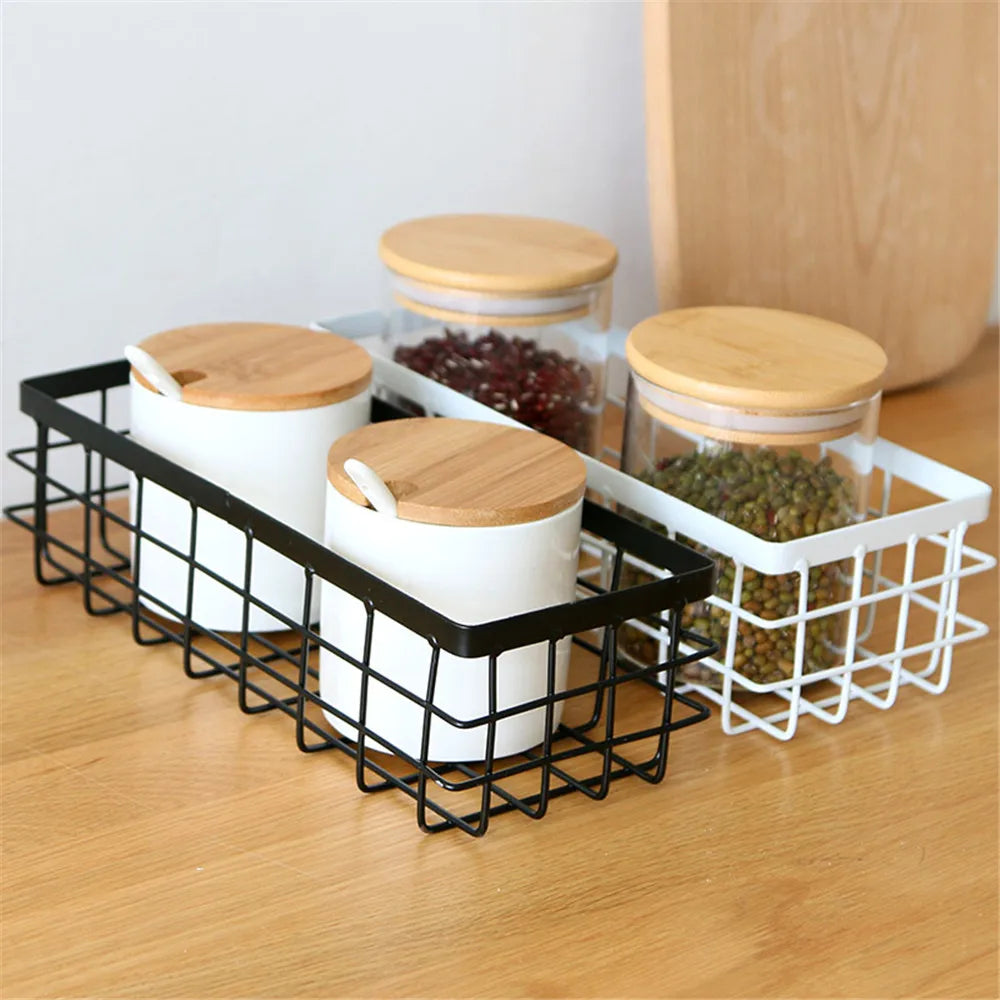 Metal Storage Basket, Black and White, Office Desktop, Cosmetic Sorting Baskets, Kitchen Seasoning Jar Organizer, Iron Box - view 2