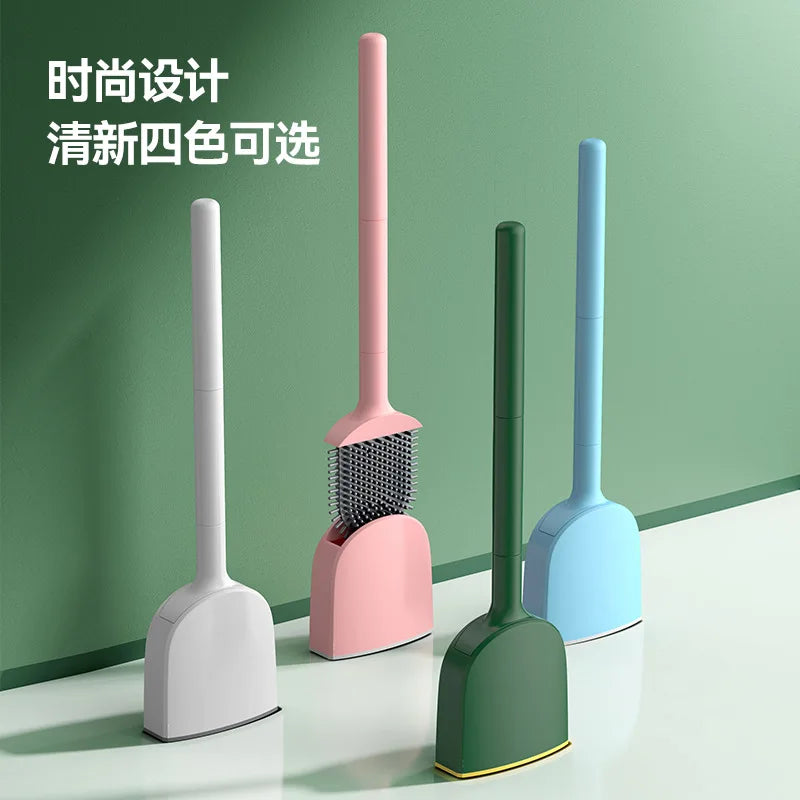 Silicone toilet brush with hanging holder and long handle