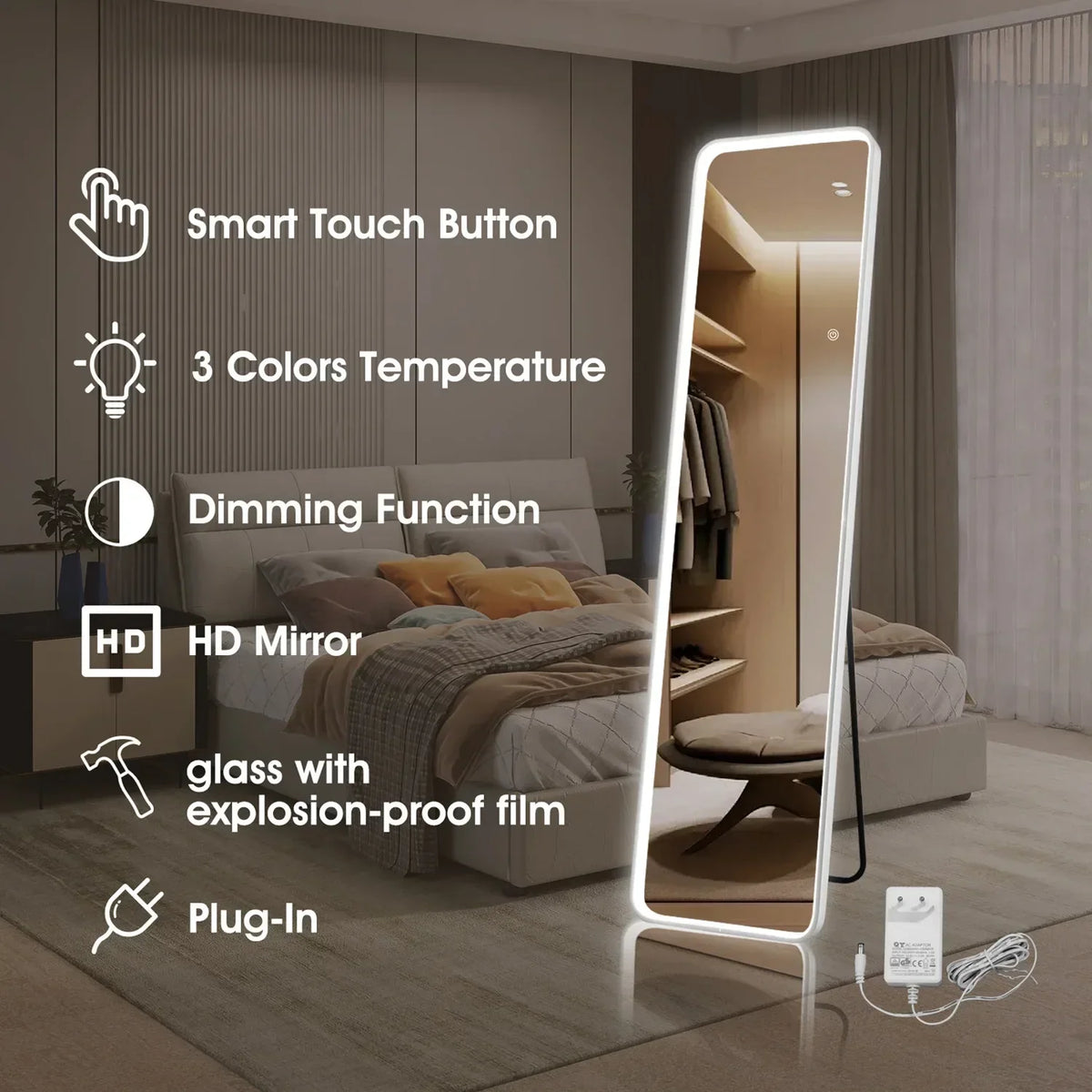 Full Body Mirror with Illumination, COB-LED, Wall Mirror,3 Light Colors Adjustable Dimmable,Floor Mirror with Touch Button Large - view 3