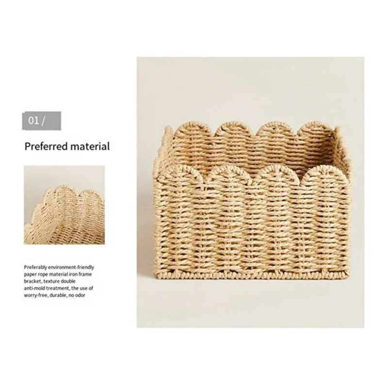 Scalloped Edge Basket, Wicker Storage Baskets,Handwoven Organizing Baskets For Shelves, Paper Rope Design - view 2