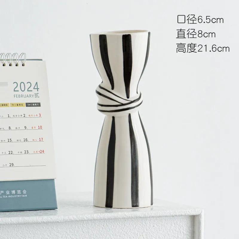 Double Ear Ceramic Vase, Abstract Black and White Striped Hydroponic Vase, Living Room Decoration, Room Aesthetic Decoration - K