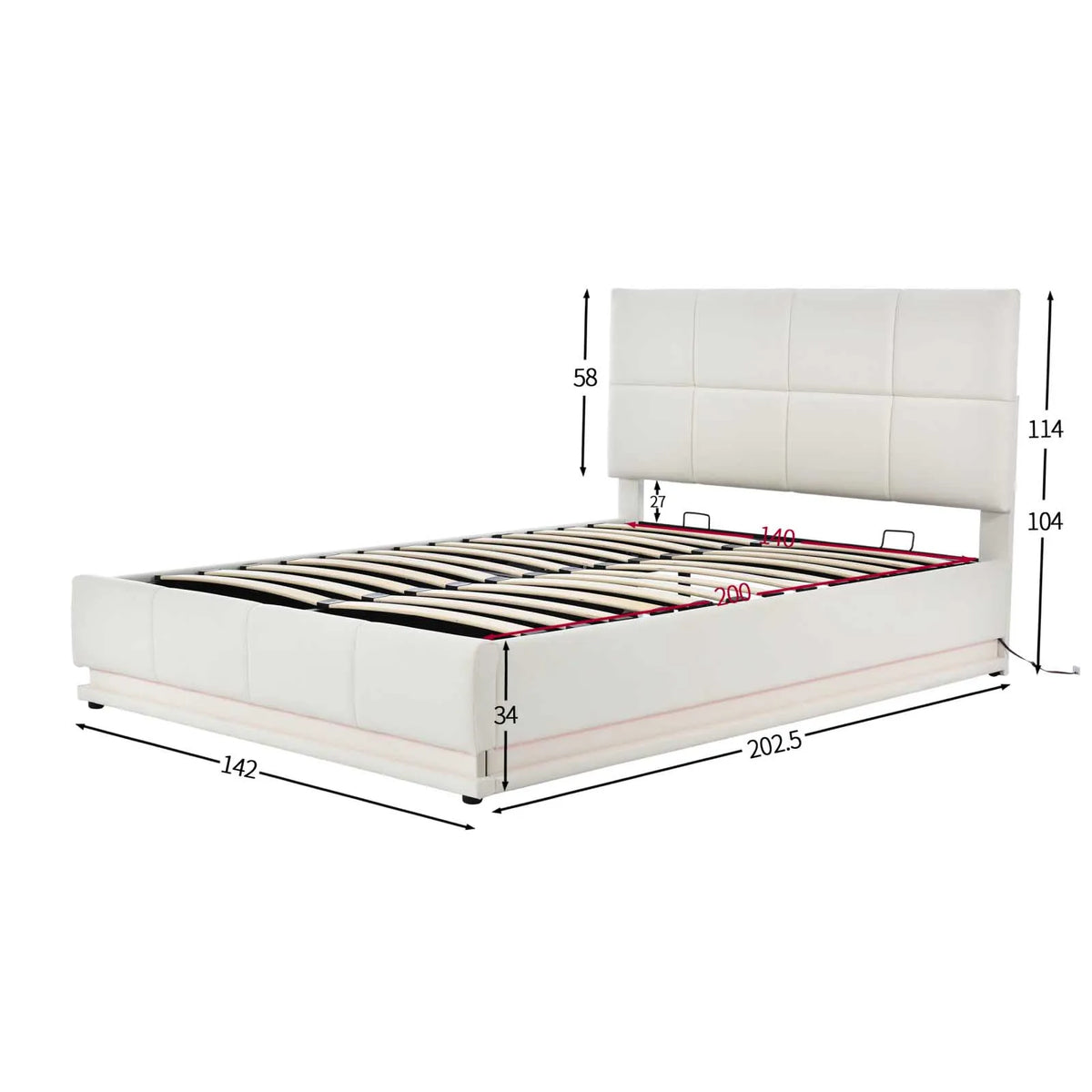 PU Leather White Upholstered Bed 140x200cm Double Bed with LED Lighting Underbed Storage Space, Bed Frame with Slatted Frame - WHITE / Double