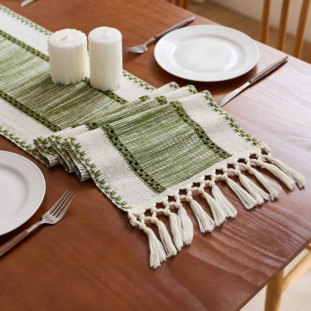 Striped table runner bohemian beige woven pom-poms - view 5
