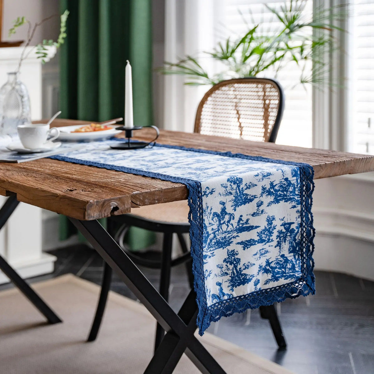 Striped table runner blue white lace country - 30x50cm