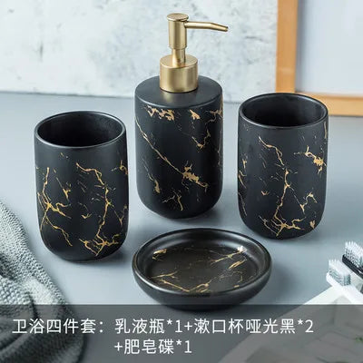 Black Marbled Bathroom Accessories Set, Ceramic Soap Dispenser, Toothbrush Holder, Box, Decoration - 4pcs 1