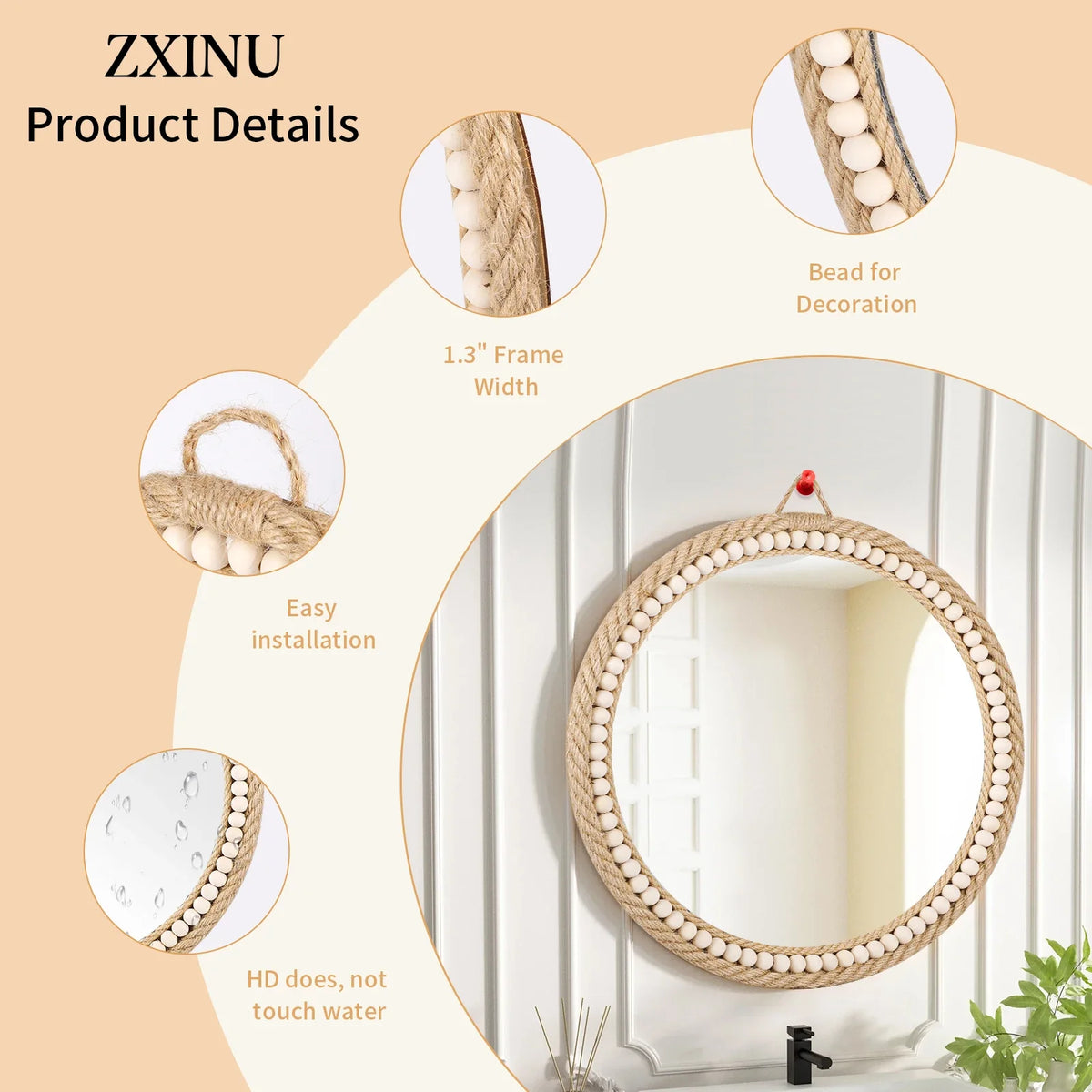 Round decorative wall mirror in rattan to hang - view 2