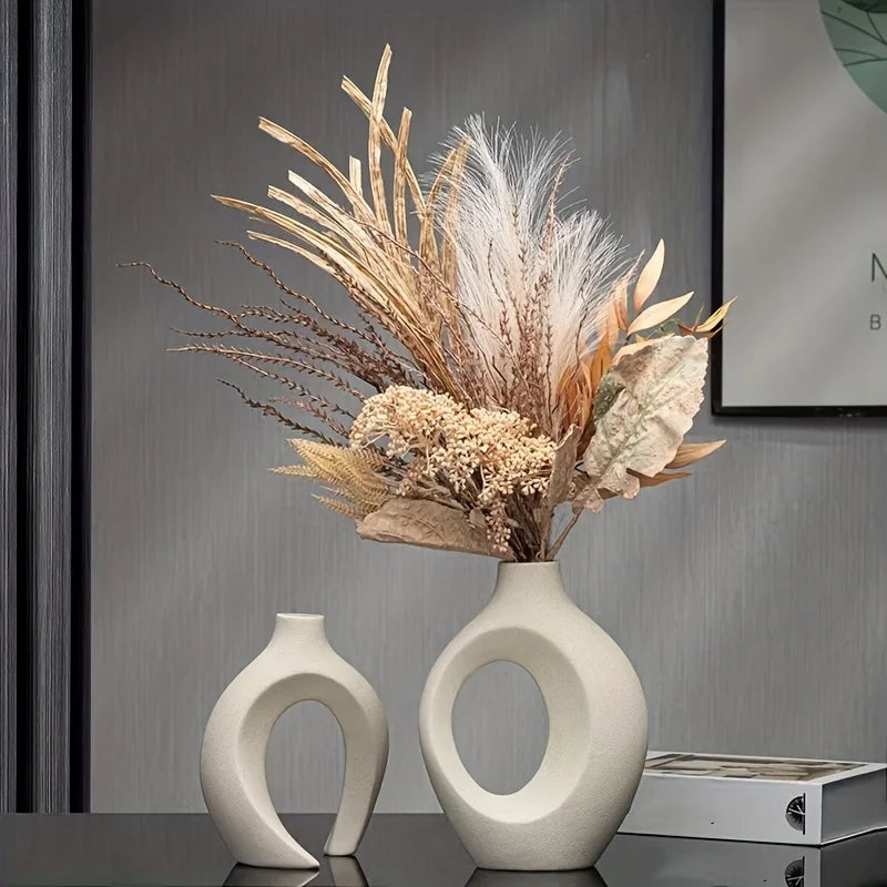 Hollow Nordic Modern Ceramic Vase Set of 2 for Modern Home decor,Modern Boho Hollow Flower Vases for Living Room Bookshelf - view 6