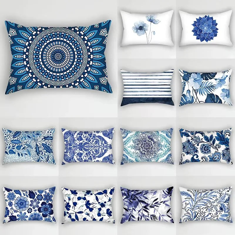 Rectangular pillowcase striped pattern blue flowers and leaves - view 2