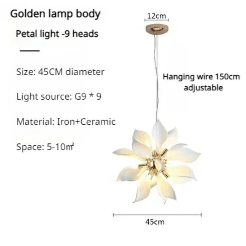 Modern ceramic chandelier with flower petals and led light - Golden D45cm / Warm Light