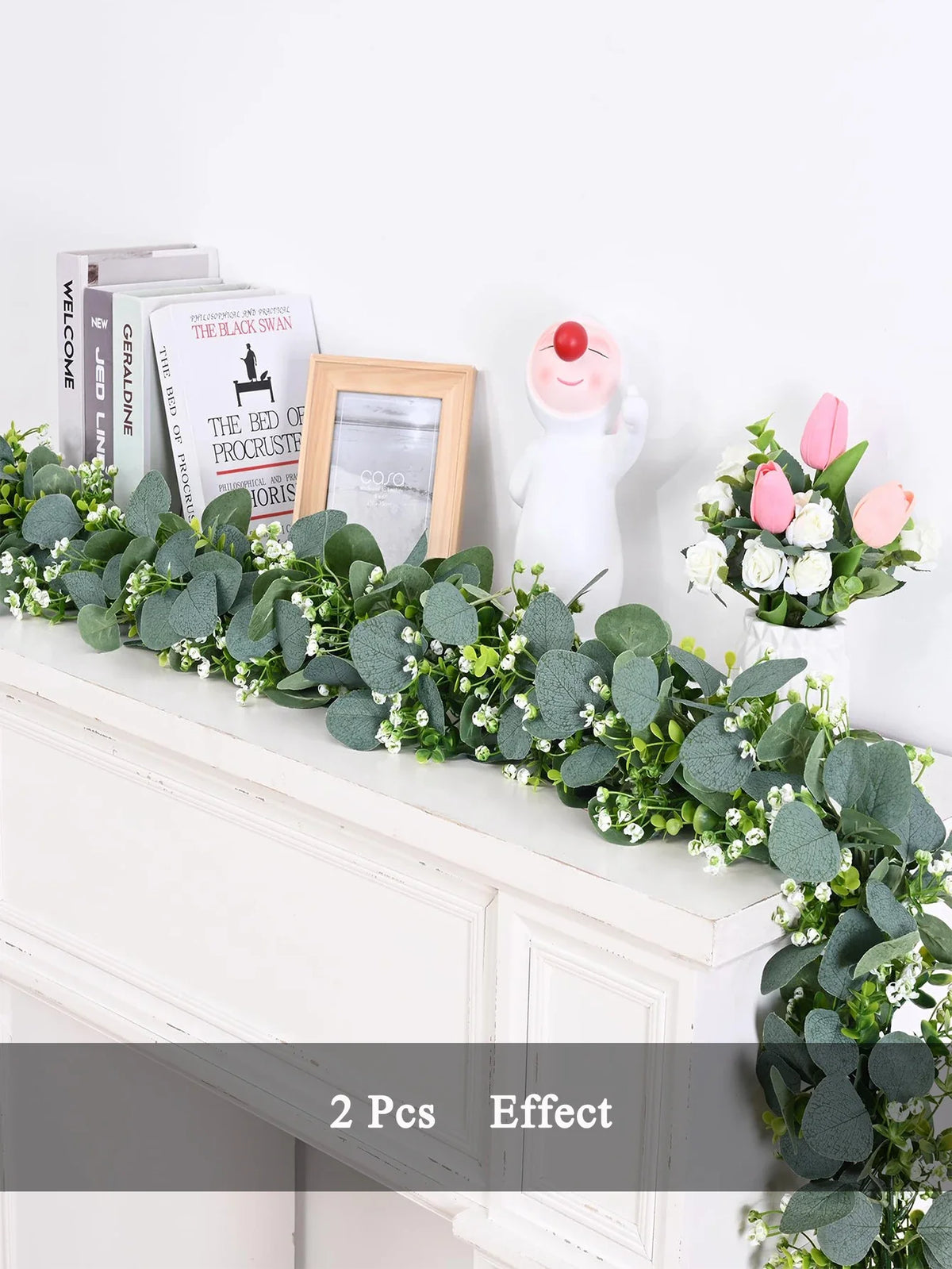 Artificial eucalyptus garland with white flowers and decorative berries - view 5