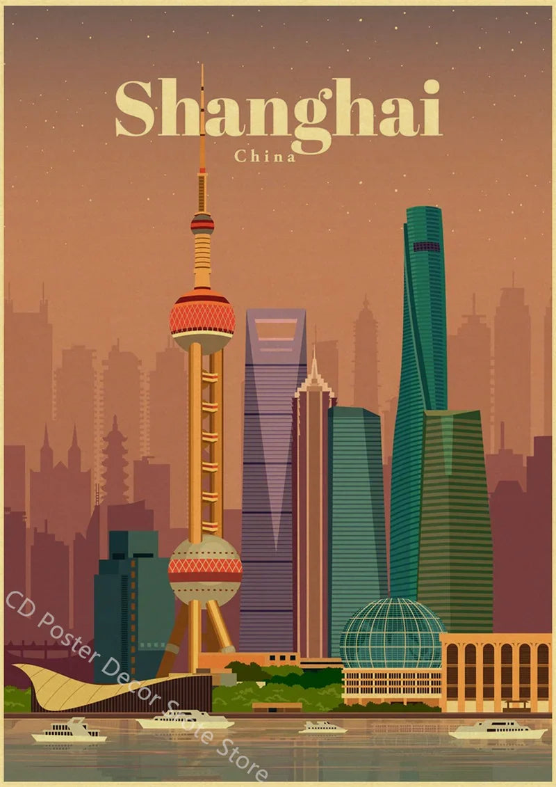Retro Rome Sydney Paris and Dubai Landscapes Poster - 10 / A3 16.5 x 11.8 inches