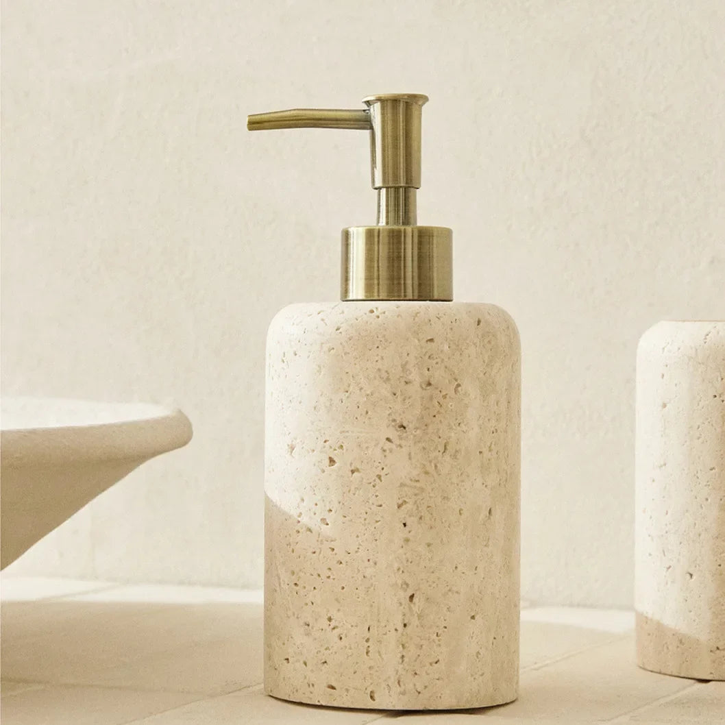 D8x18CM H Natural Yellow Travertine Marble Stone Refillable Bathroom Liquid Dispenser, Lotions Soap Container - (7.5-8)x18CM