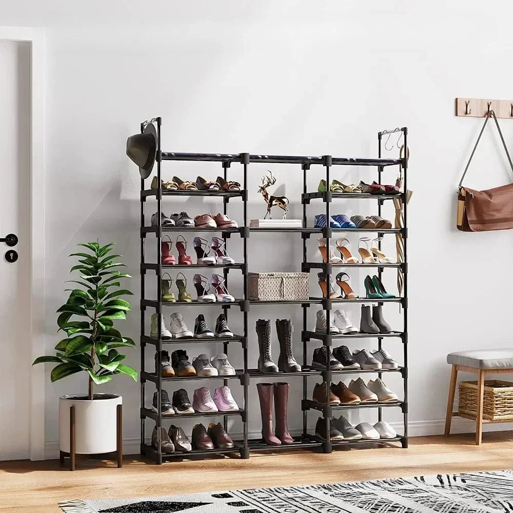 Double row metal shoe shelf with versatile hooks