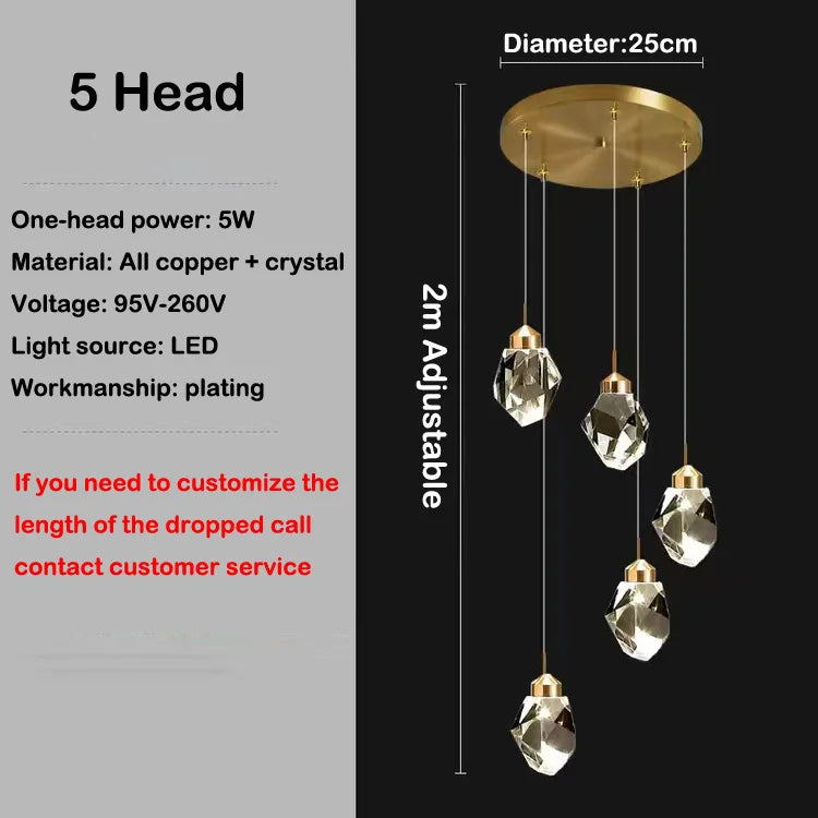 Led crystal chandelier design in modern and elegant copper - 5 Heads / 3000K Warm White
