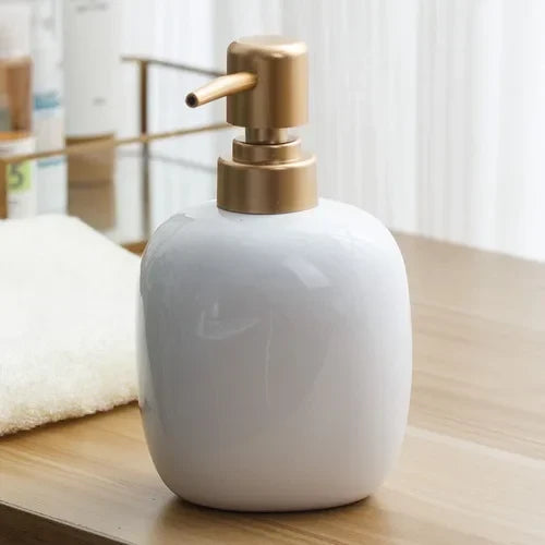 Ceramic soap dispenser with golden pump for bathroom - B