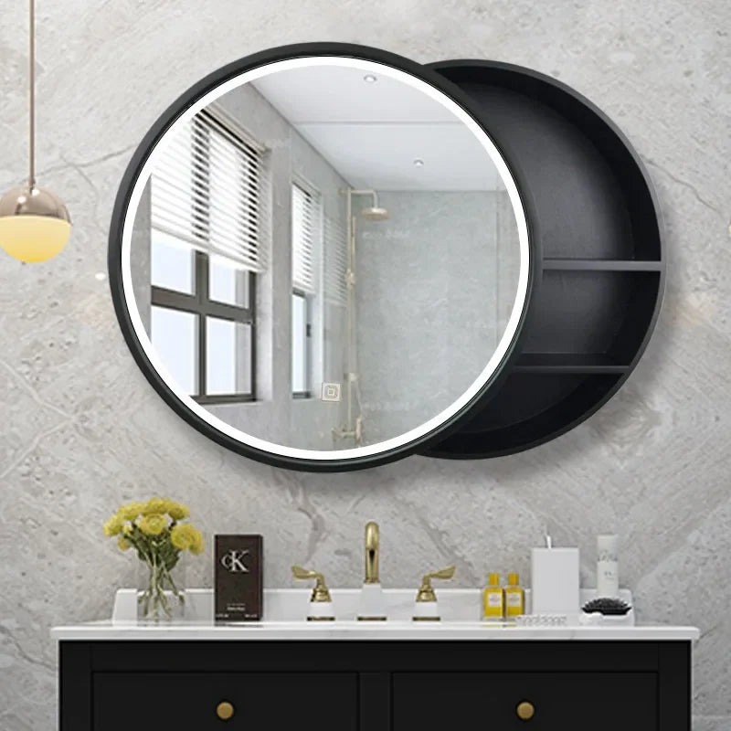 Wall storage cabinet with round decorative mirror - Black / Diameter 60CM