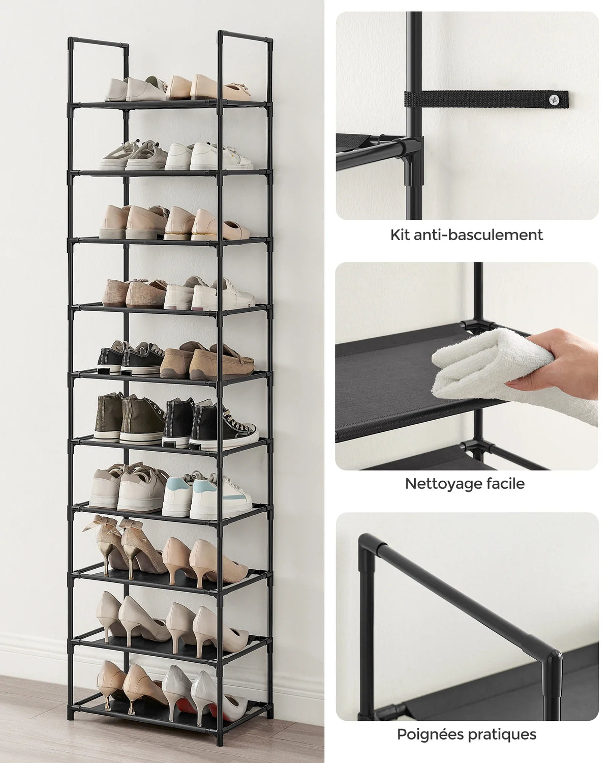 SONGMICS Shoe Rack, 10 Tiers, Narrow Shoe Rack, 28 x 45 x 173 cm, Metal Frame, Non-Woven Fabric Shelves, Hallway, Bedroom - view 5