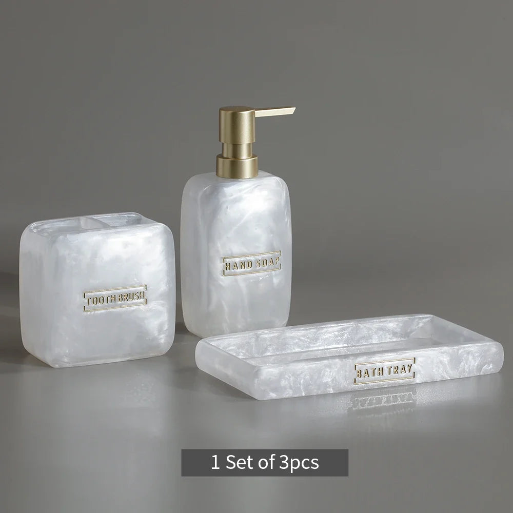 Bathroom Accessories White Pearl Look Bathroom Vanity Countertop Accessory Set,Soap Dispenser,Toothbrush Holder Set,Tray - 3 Pcs
