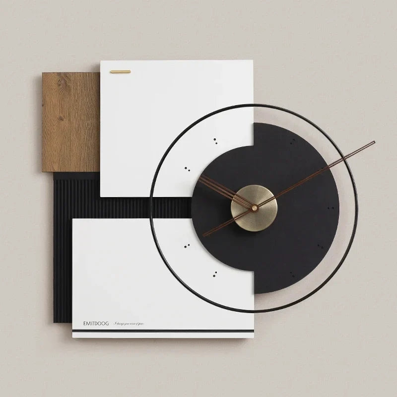 Large silent wall clock in walnut modern decoration - Black and White
