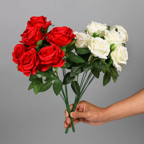 9-Head Artificial Silk Rose Bouquet, Rosé Champagne and Violet