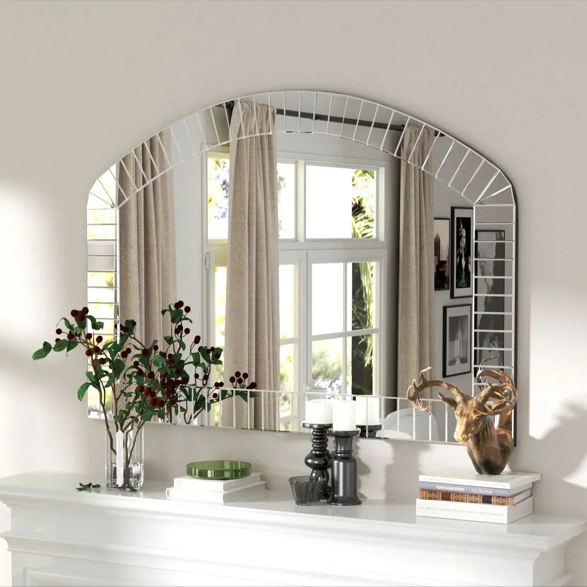 Large Silver Arched Wall Mirror, Silver Glass, Decorative Venetian Accent Mirror, Home Living Room decor, Bling Beveled Edge - view 3