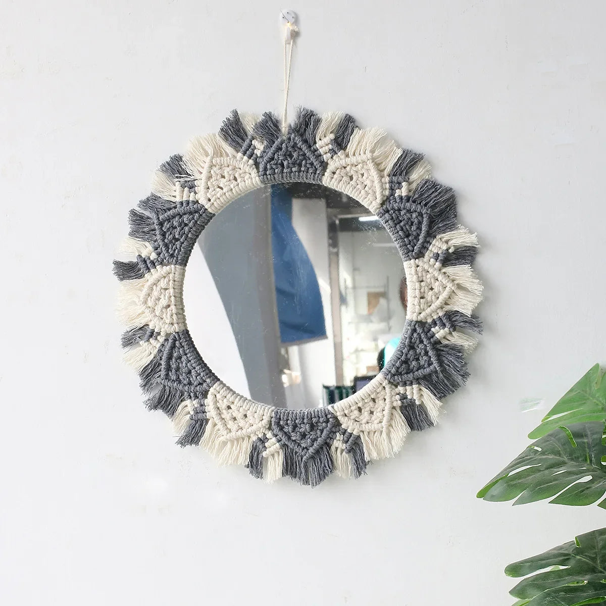 Bohemian Macrame Wall Mirror, Woven Plastic Rope