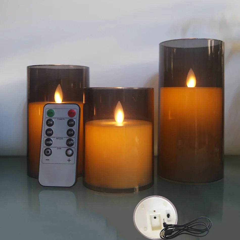 3pcs/set USB Rechargeable Led Pillar Candle,Flameless Remote control,Timer LED Candle Light table decorative,Christmas Candles - Grey