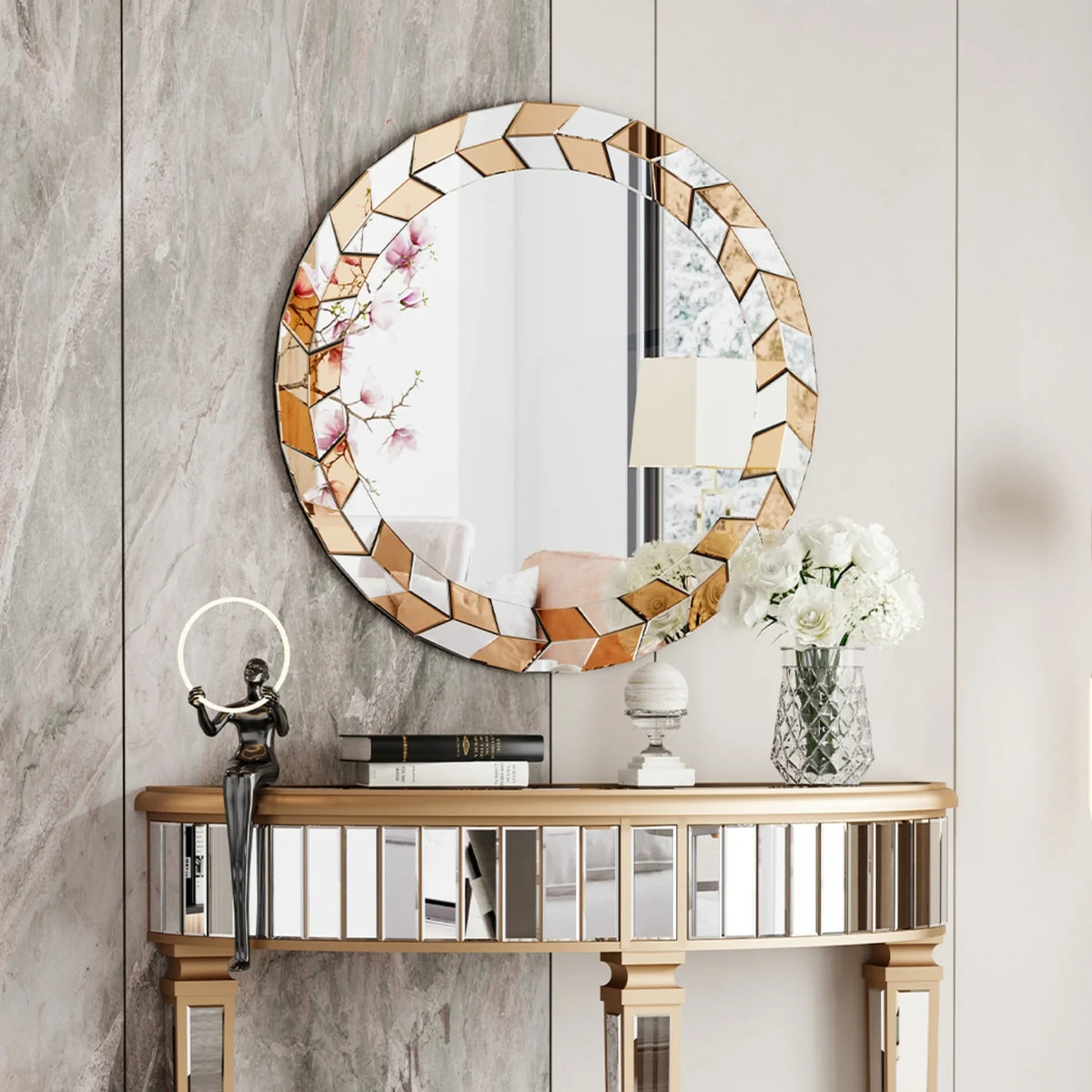 Large round decorative mirror with bevelled glass frame modern style - view 2