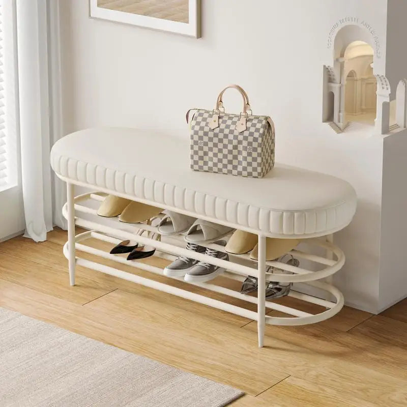 Soft ottoman pouf shoes stool in flannel leather and cushion - view 3