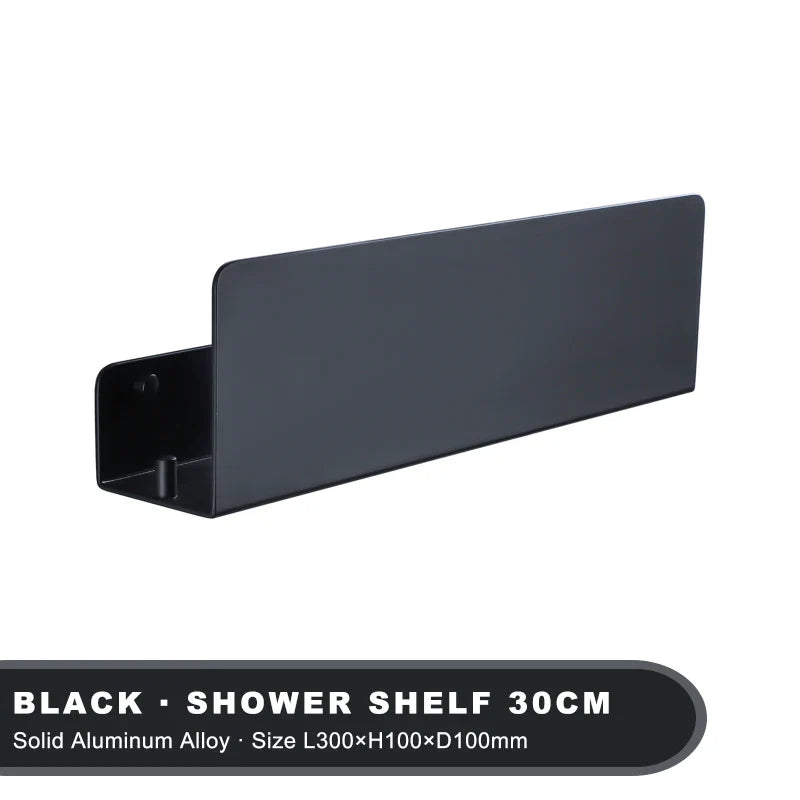 Wall storage shelf with aluminium hooks for kitchen and shower - Black 30cm