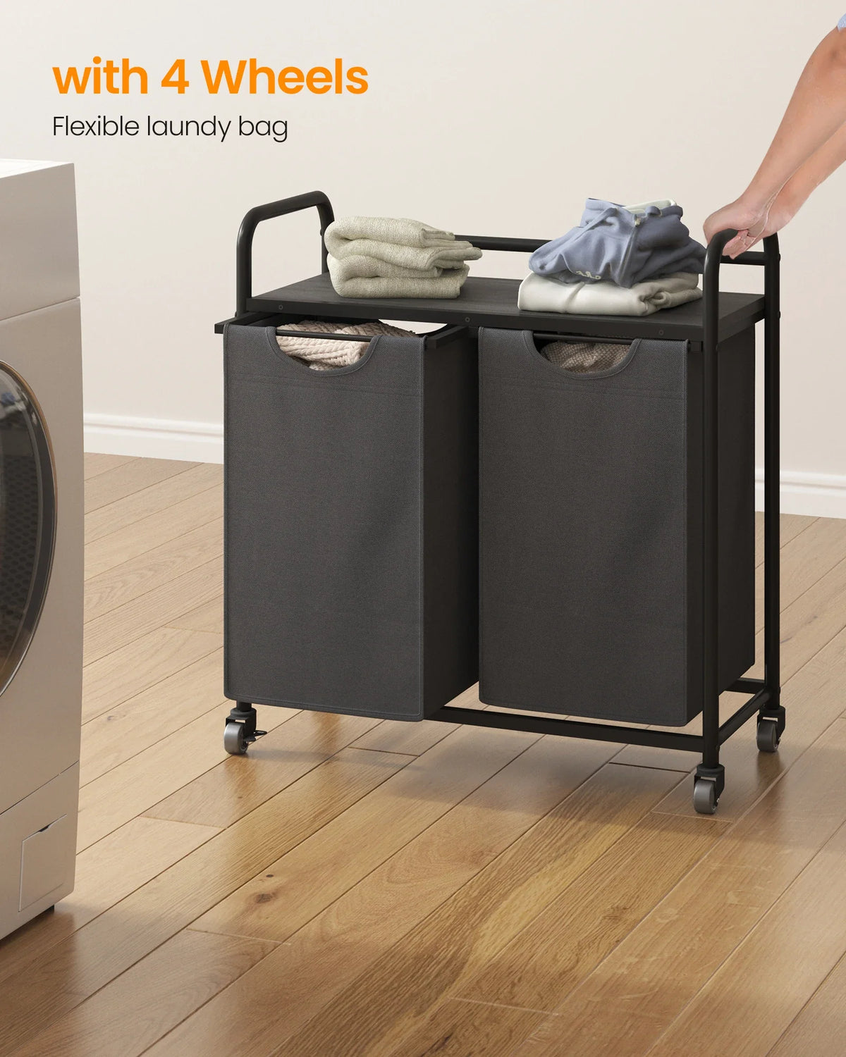Laundry Basket, 2 Compartments, 2 x 46L, Laundry Hamper with 1 Shelf, Laundry Sorter, Laundry Bag, Extendable and Removable, Per - view 3