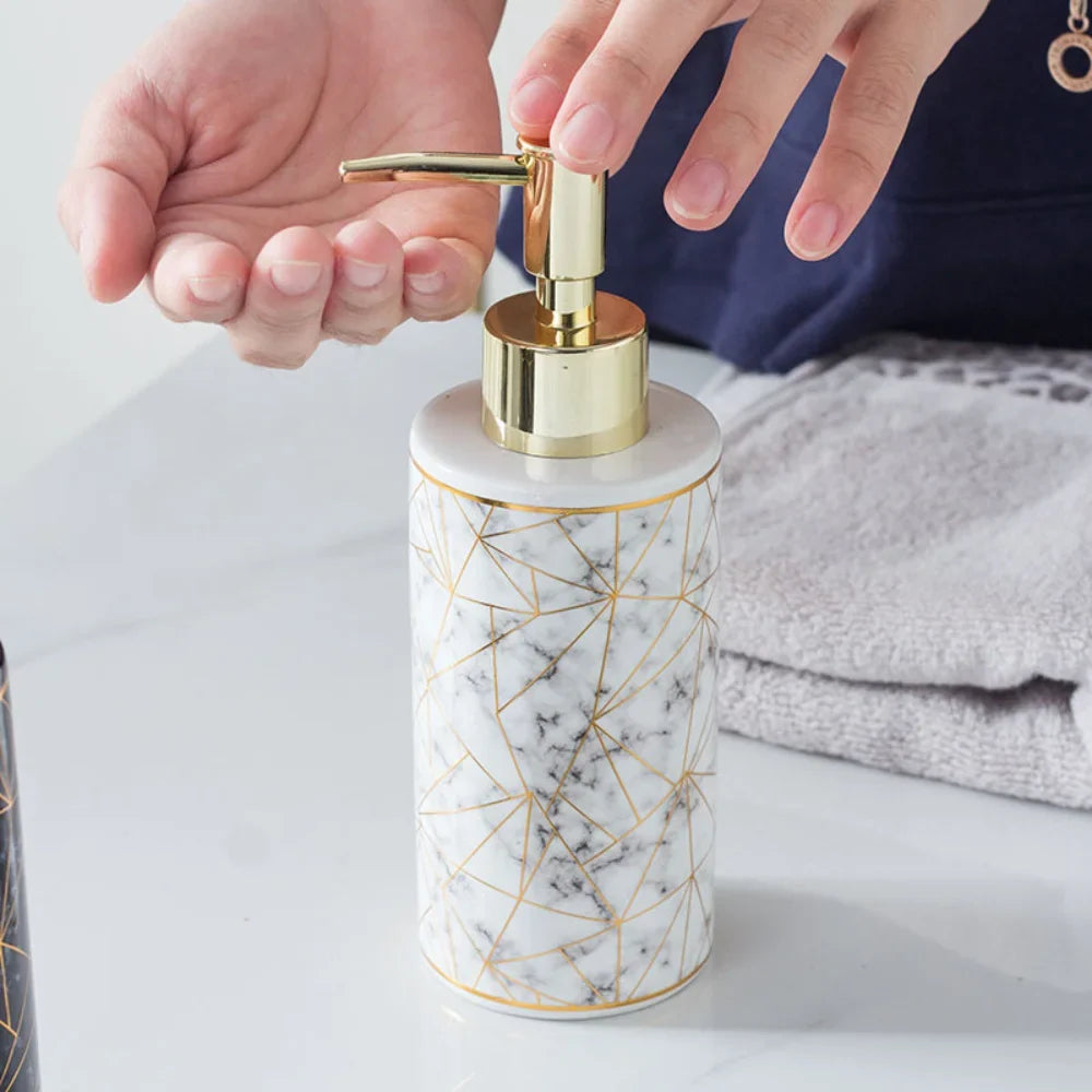 1pc Marble Pattern Ceramic Soap Dispenser,10.14oz Press Type Lotion Dispenser, Refillable Empty Bottle For Shampoo Shower Gel, B - view 5