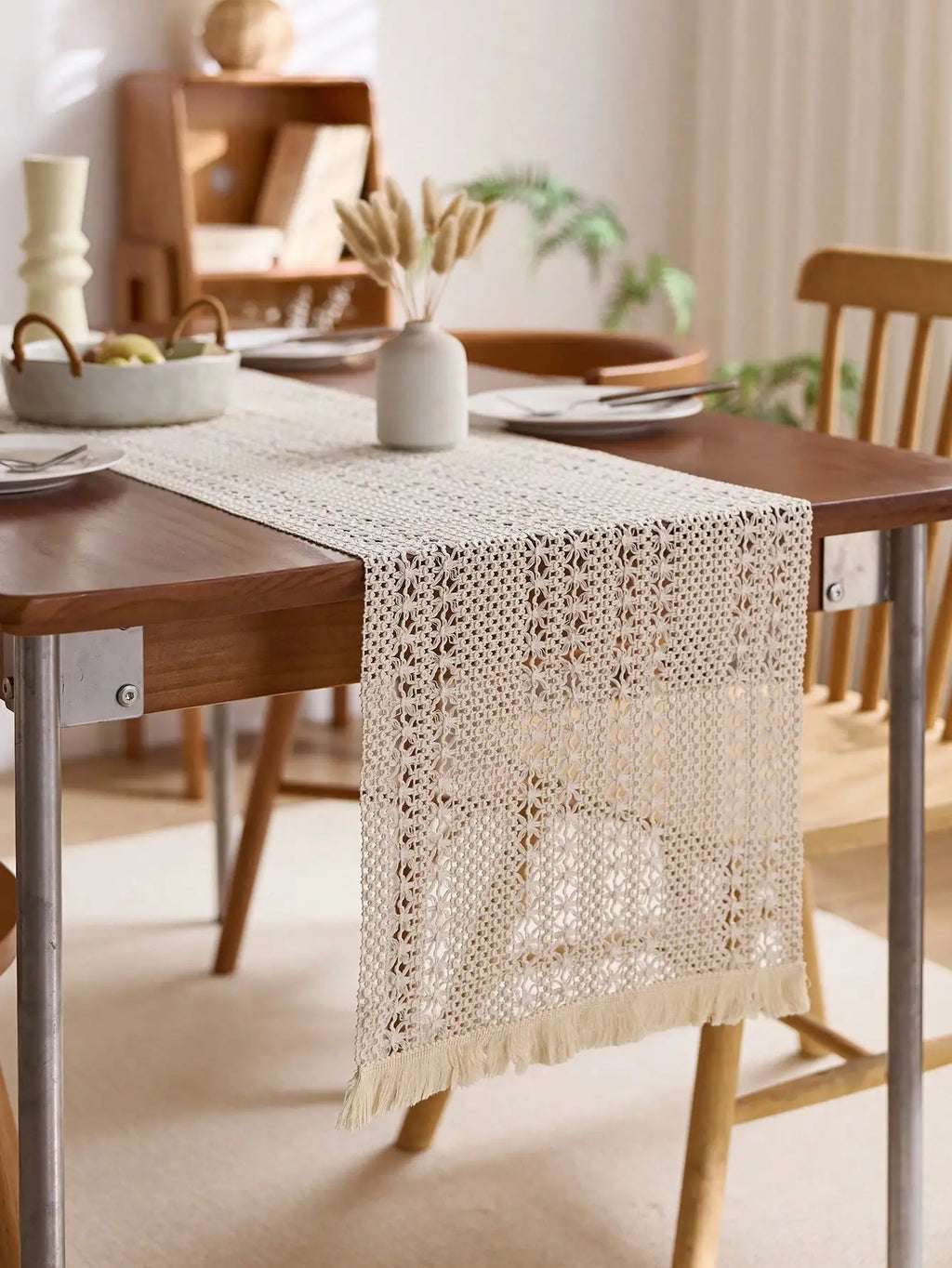 Nordic bohemian table runner woven handcrafted pom-poms - view 2