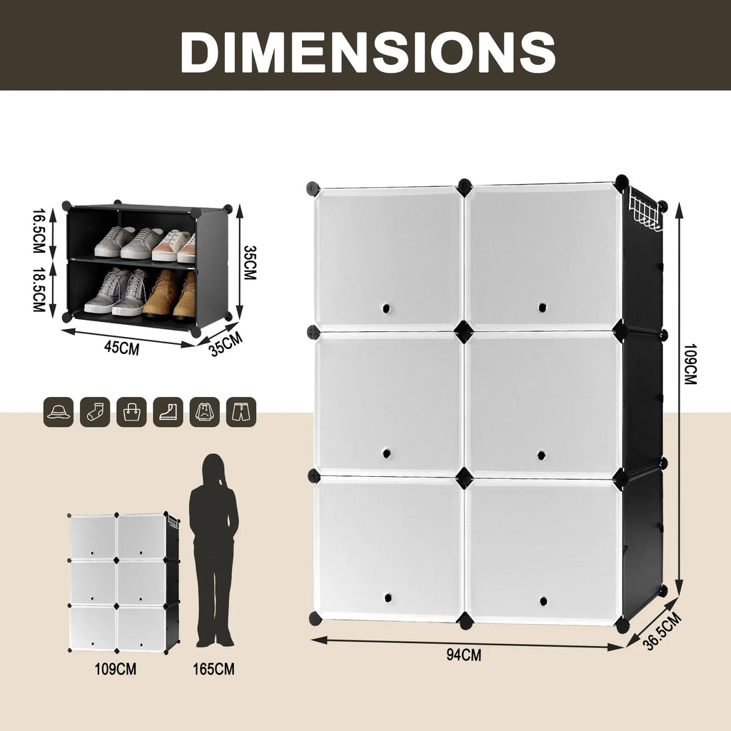 Shoe storage box with 6 plastic modular compartments - Black and White