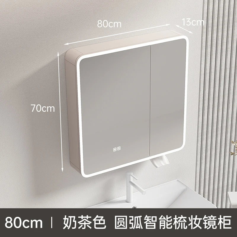 Circular aluminum cabinet with intelligent lighting mirror and storage - 80cm