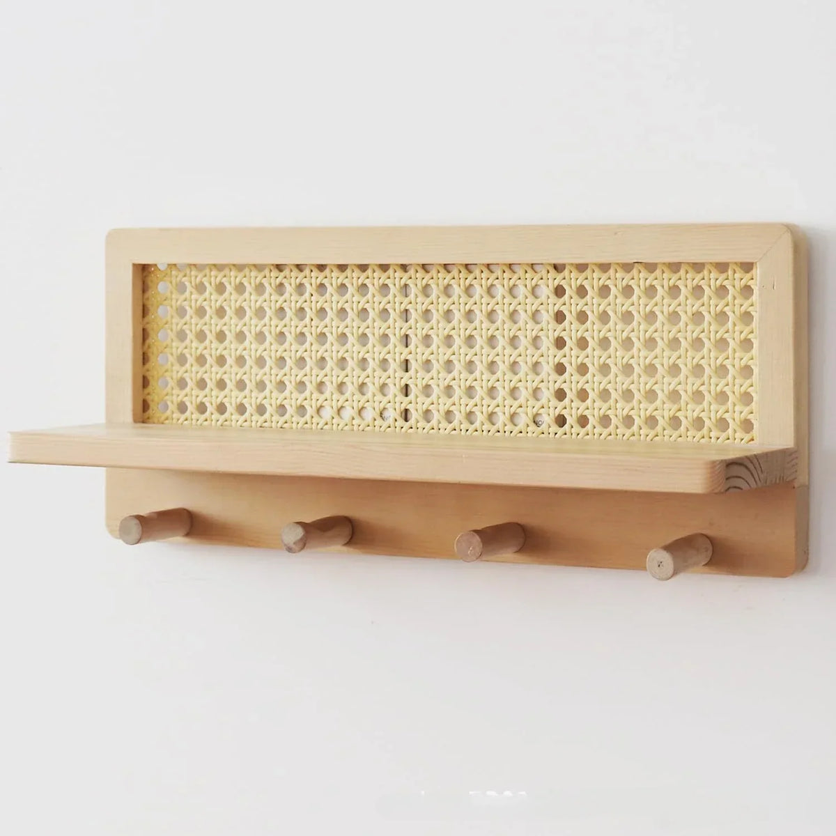 Wall shelf in rattan and wood bohemian style with decorative hooks - view 2