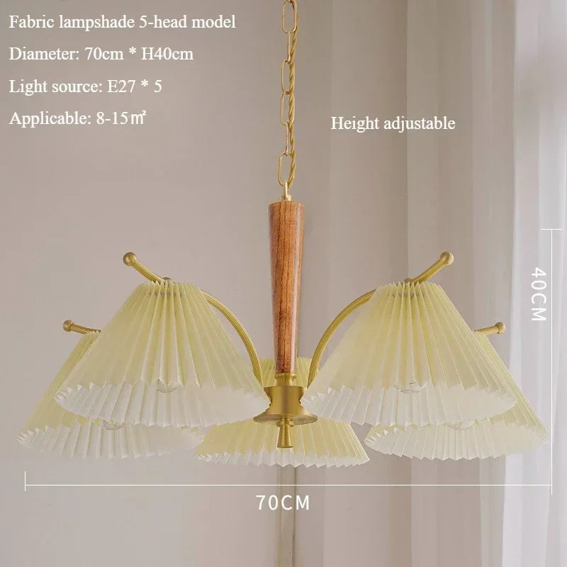 Retro Nordic hanging chandelier with a shade in pleated fabric decorative lamp - Head A-5 / Neutral Light