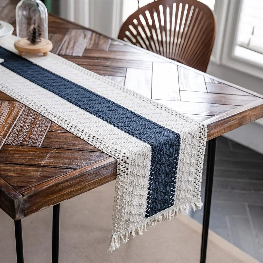 Bohemian table runner cotton geometric linen pom-poms - 30X50cm