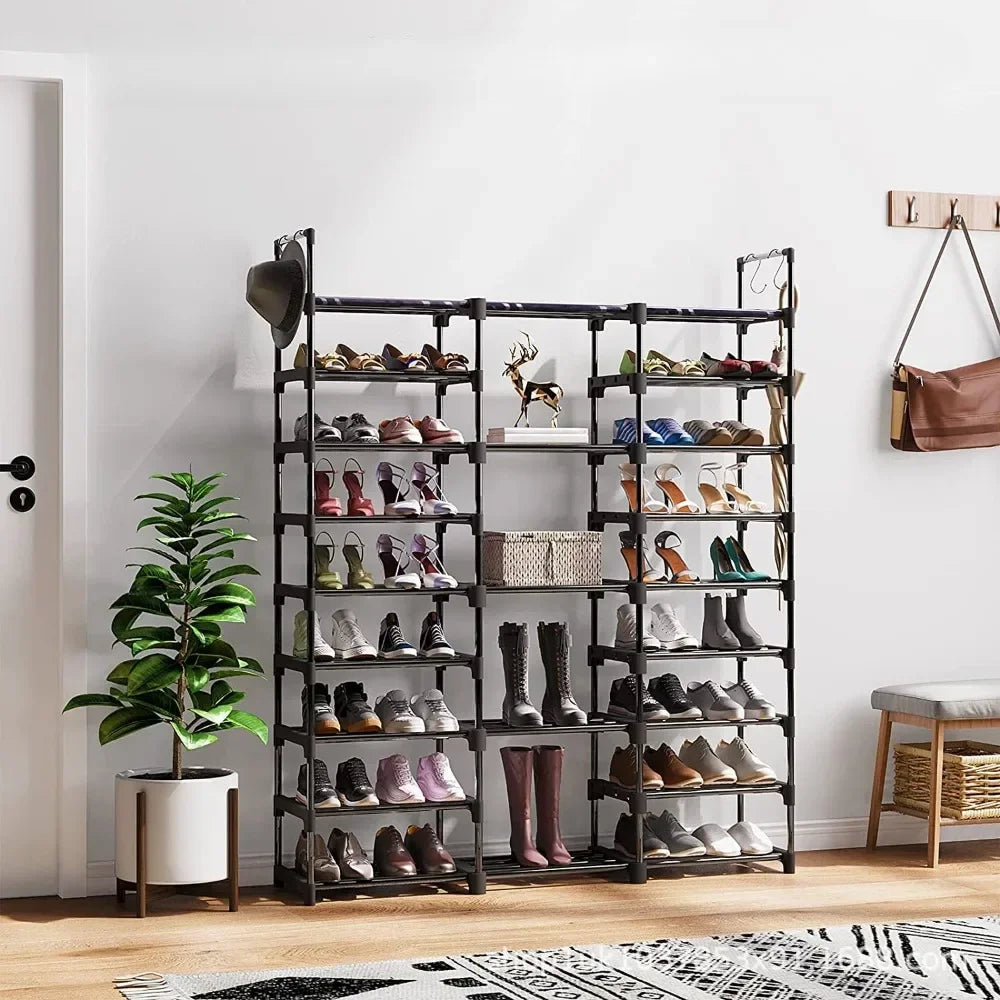 Large capacity metal shoe shelf with hooks and storage - view 4