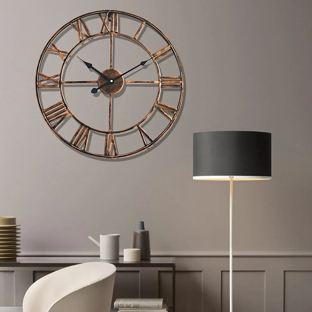 Retro wall clock in hollow metal style 3D with Roman numerals - view 2