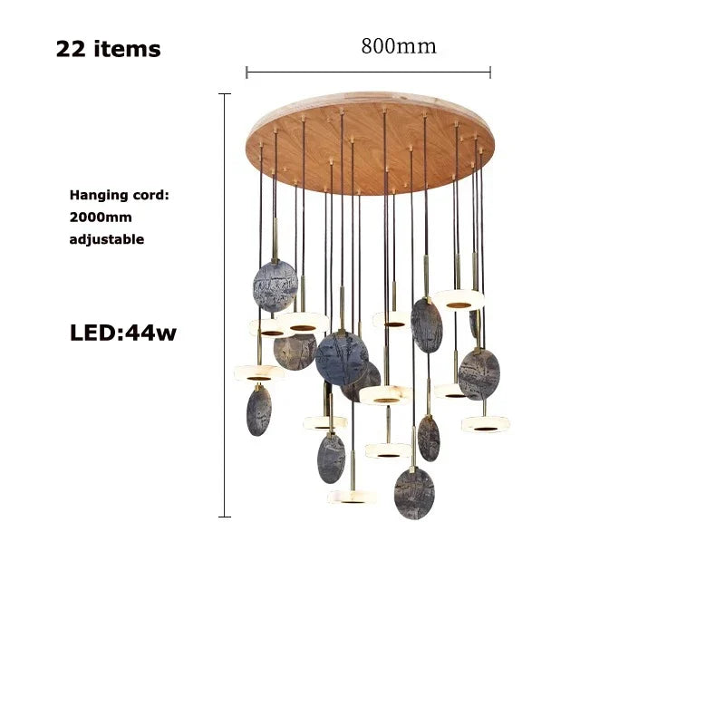 Chandelier in natural wood or gold marble with led lighting - 22 item / White light