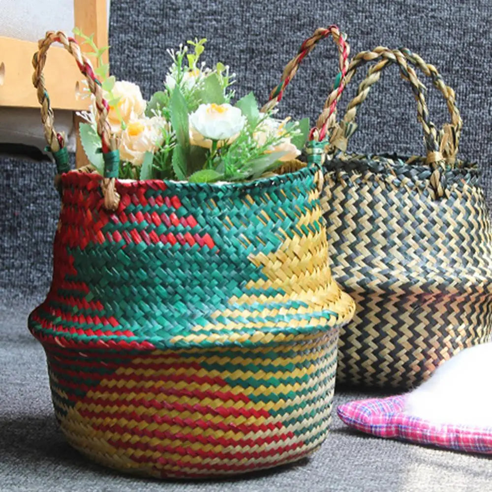 Straw storage basket with foldable handle for flowers and linen - view 4